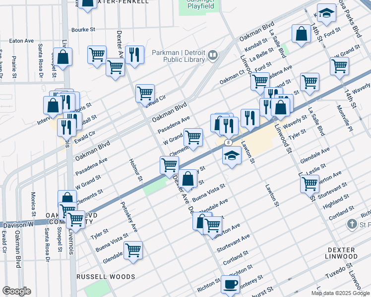 map of restaurants, bars, coffee shops, grocery stores, and more near 3300 Clements Street in Detroit