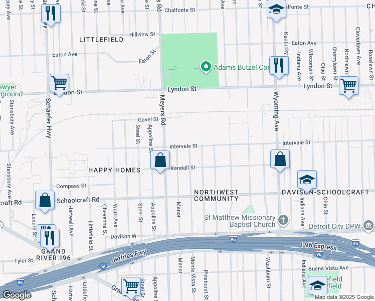 map of restaurants, bars, coffee shops, grocery stores, and more near 14182 Manor in Detroit