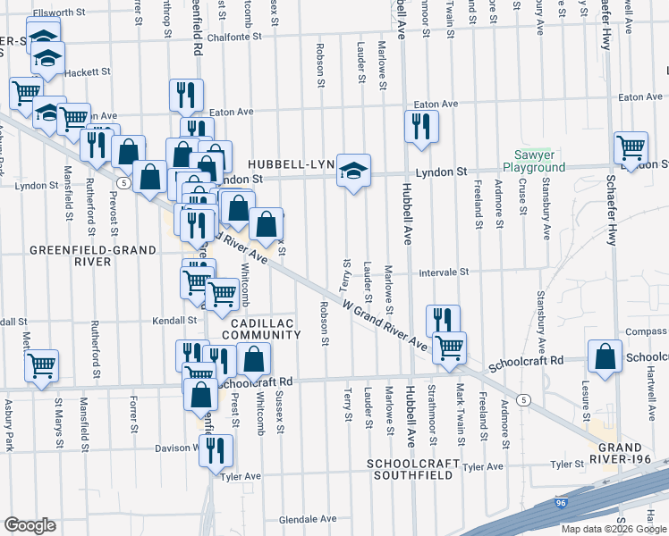 map of restaurants, bars, coffee shops, grocery stores, and more near 14241 Terry Street in Detroit