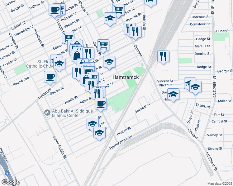 map of restaurants, bars, coffee shops, grocery stores, and more near 3074 Goodson Street in Hamtramck