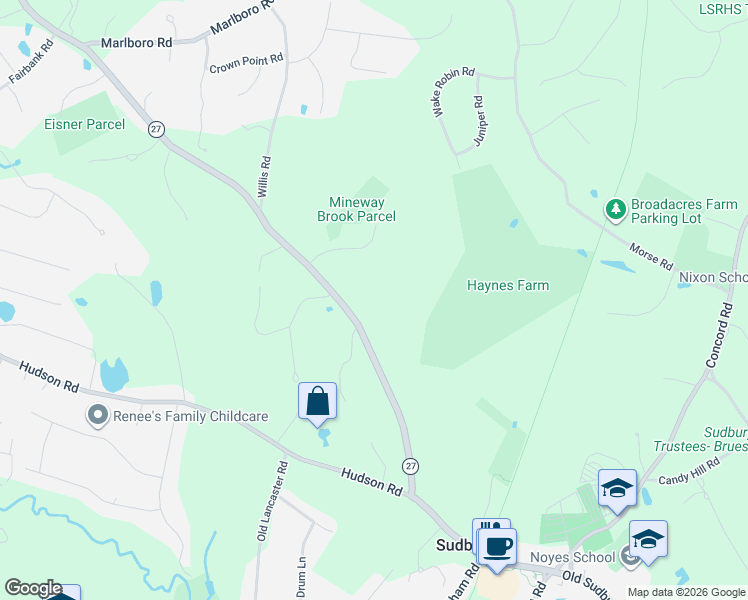 map of restaurants, bars, coffee shops, grocery stores, and more near 82 Maynard Road in Sudbury