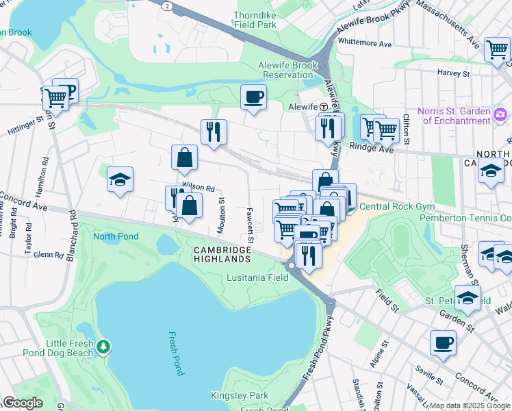 map of restaurants, bars, coffee shops, grocery stores, and more near 80 Fawcett Street in Cambridge