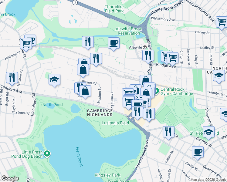 map of restaurants, bars, coffee shops, grocery stores, and more near 80 Fawcett Street in Cambridge