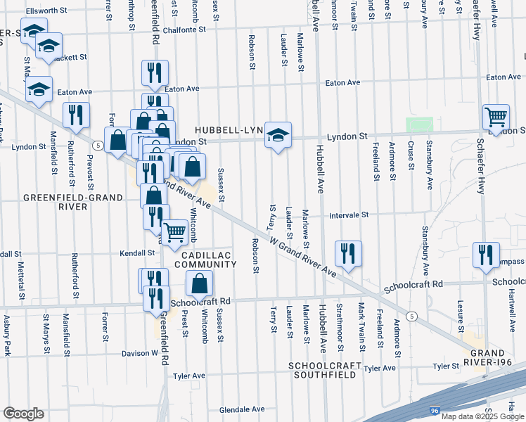 map of restaurants, bars, coffee shops, grocery stores, and more near 14241 Terry Street in Detroit