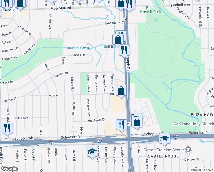 map of restaurants, bars, coffee shops, grocery stores, and more near 14385 Lenore in Redford Charter Township