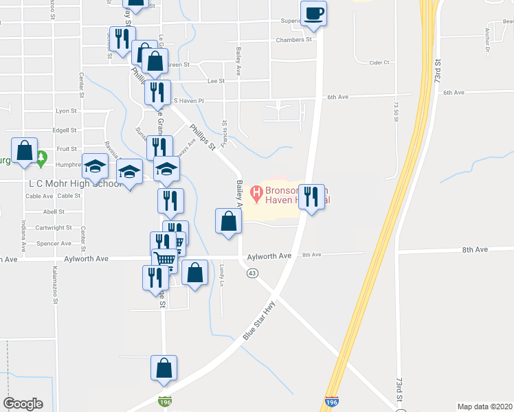 map of restaurants, bars, coffee shops, grocery stores, and more near 955 South Bailey Avenue in South Haven