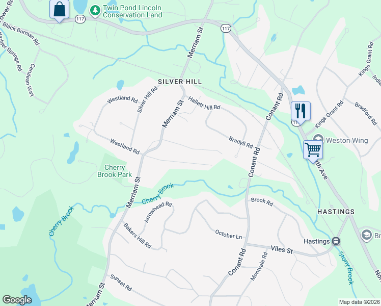 map of restaurants, bars, coffee shops, grocery stores, and more near 33 Willard Road in Weston