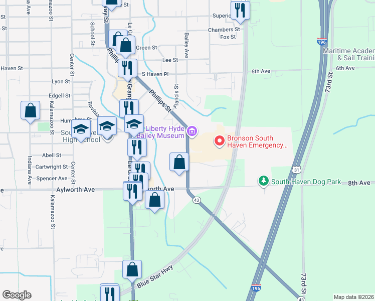 map of restaurants, bars, coffee shops, grocery stores, and more near 955 South Bailey Avenue in South Haven