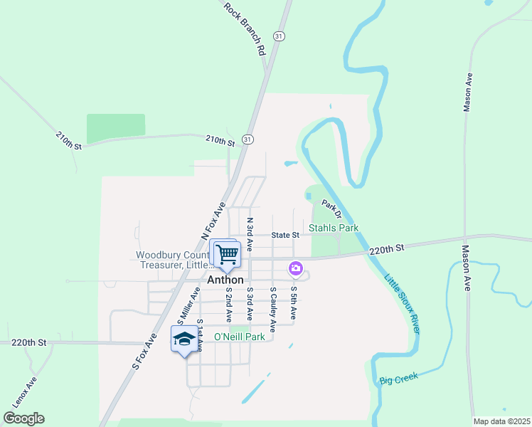 map of restaurants, bars, coffee shops, grocery stores, and more near 312 North Cauley Avenue in Anthon