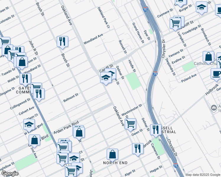map of restaurants, bars, coffee shops, grocery stores, and more near 1000 Lynn Street in Detroit