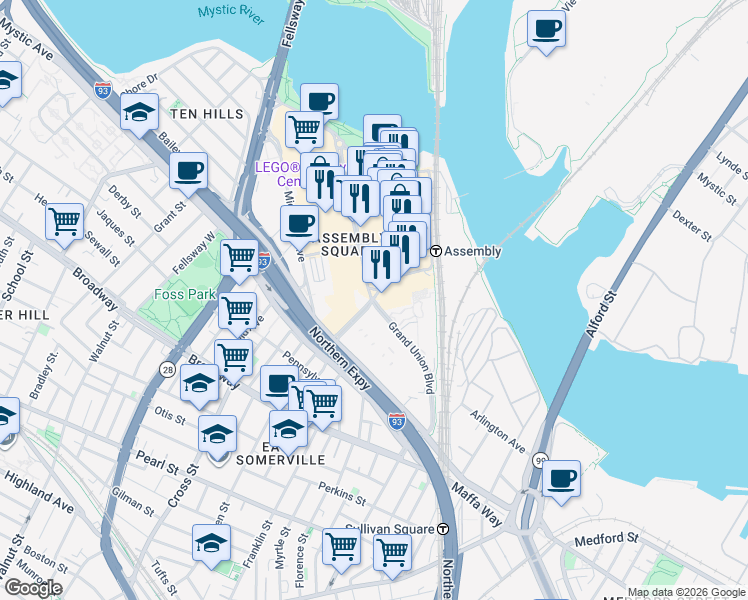 map of restaurants, bars, coffee shops, grocery stores, and more near Revolution Drive in Somerville