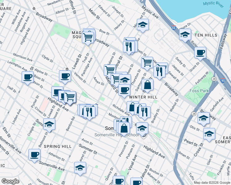 map of restaurants, bars, coffee shops, grocery stores, and more near 418 Medford Street in Somerville