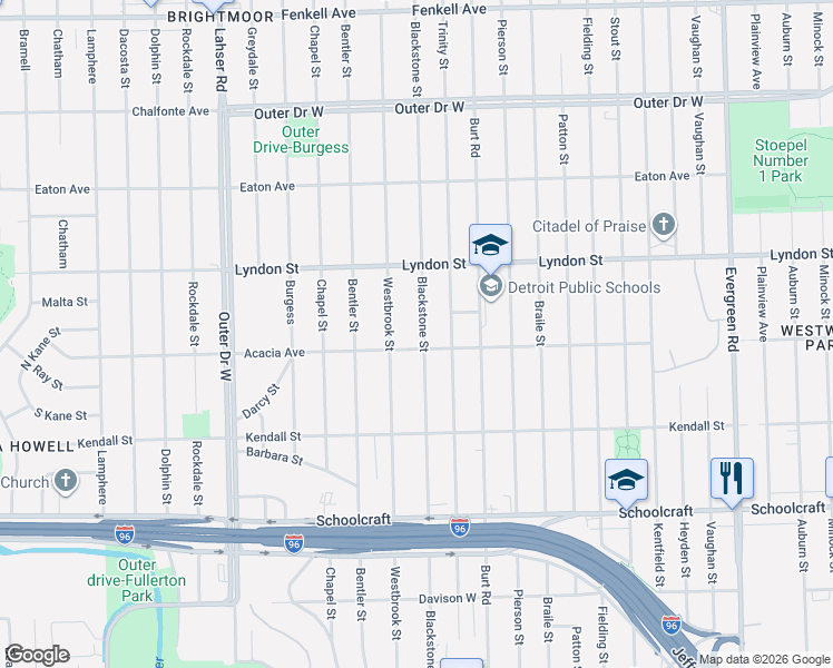 map of restaurants, bars, coffee shops, grocery stores, and more near 14336 Blackstone Street in Detroit