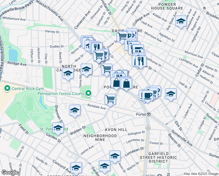 map of restaurants, bars, coffee shops, grocery stores, and more near 35 Pemberton Street in Cambridge
