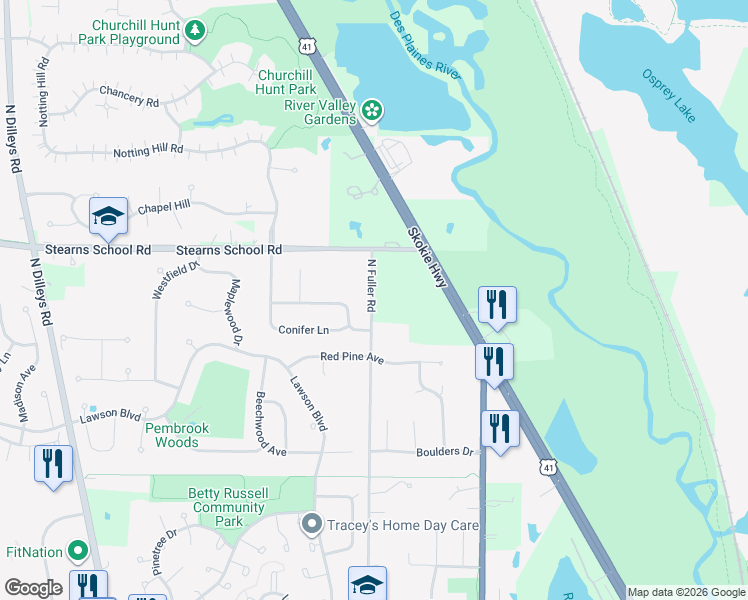 map of restaurants, bars, coffee shops, grocery stores, and more near 1999 North Fuller Road in Gurnee