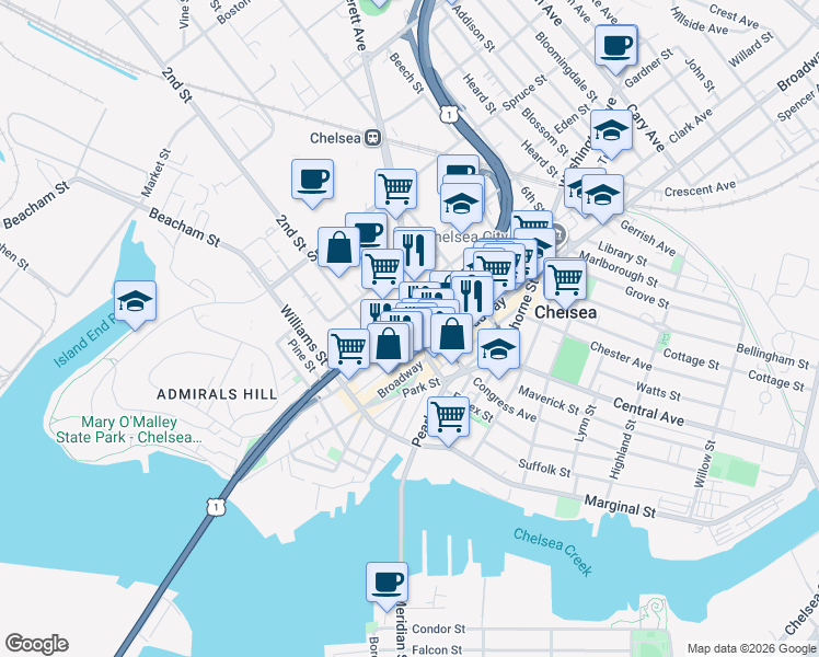 map of restaurants, bars, coffee shops, grocery stores, and more near 7 Everett Avenue in Chelsea