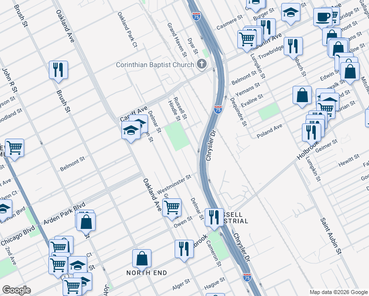 map of restaurants, bars, coffee shops, grocery stores, and more near 9624 Cardoni Street in Detroit