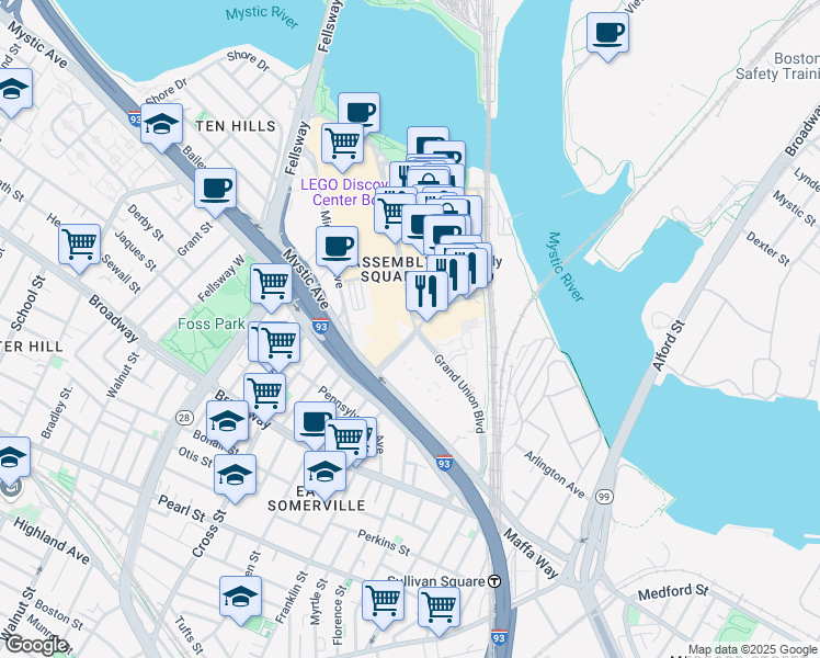 map of restaurants, bars, coffee shops, grocery stores, and more near in Somerville