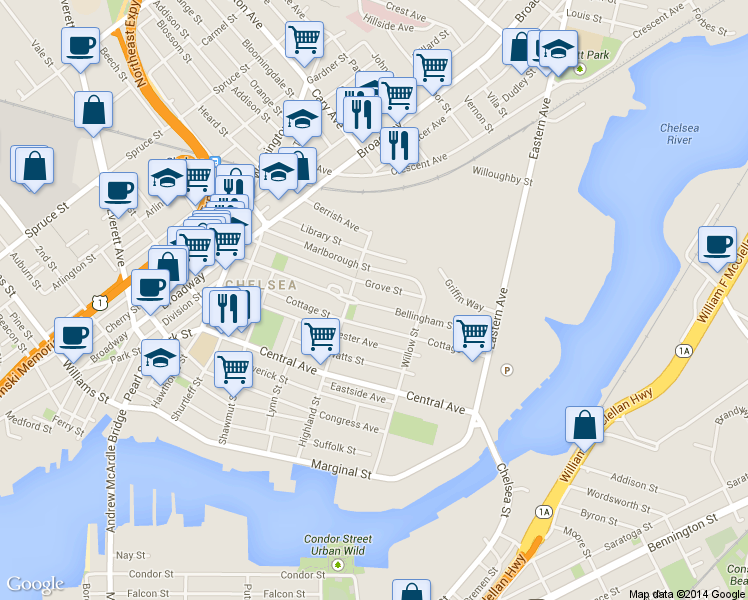 map of restaurants, bars, coffee shops, grocery stores, and more near 125 Grove Street in Chelsea