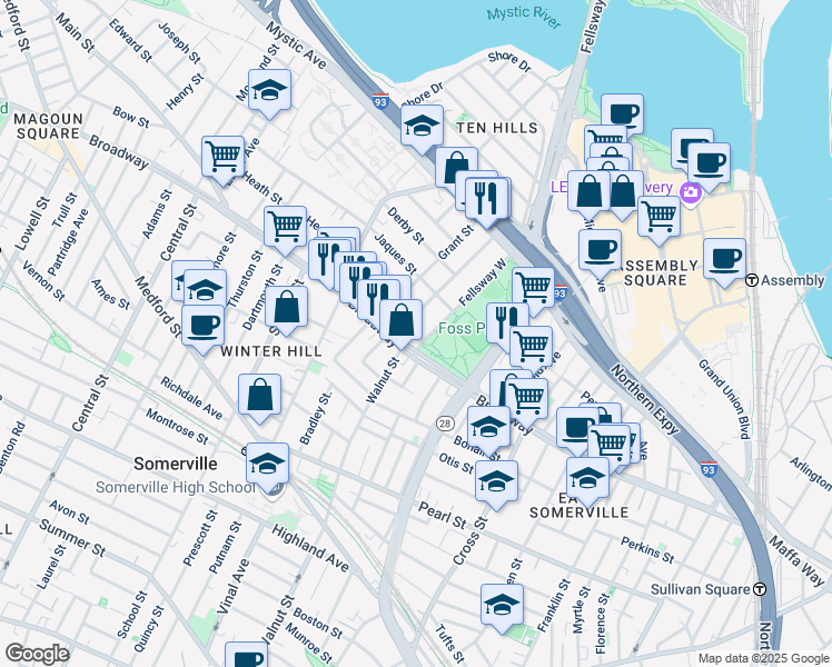 map of restaurants, bars, coffee shops, grocery stores, and more near 18 Fellsway West in Somerville