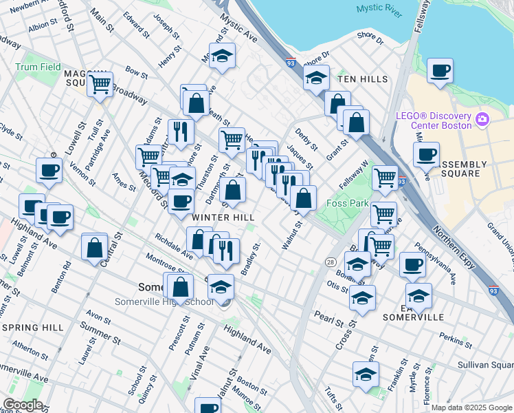 map of restaurants, bars, coffee shops, grocery stores, and more near 11 Evergreen Avenue in Somerville