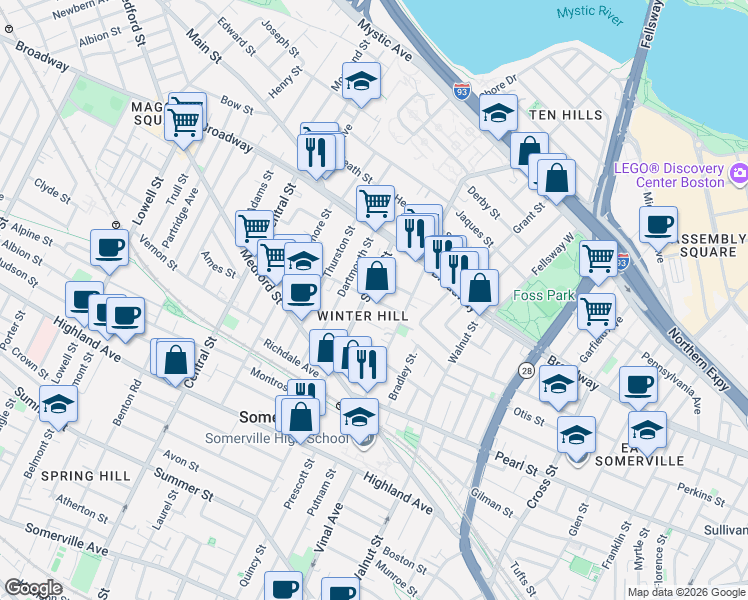 map of restaurants, bars, coffee shops, grocery stores, and more near in Somerville