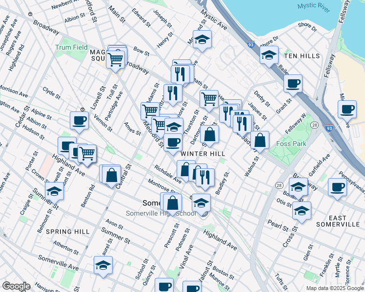 map of restaurants, bars, coffee shops, grocery stores, and more near 30 Dartmouth Street in Somerville