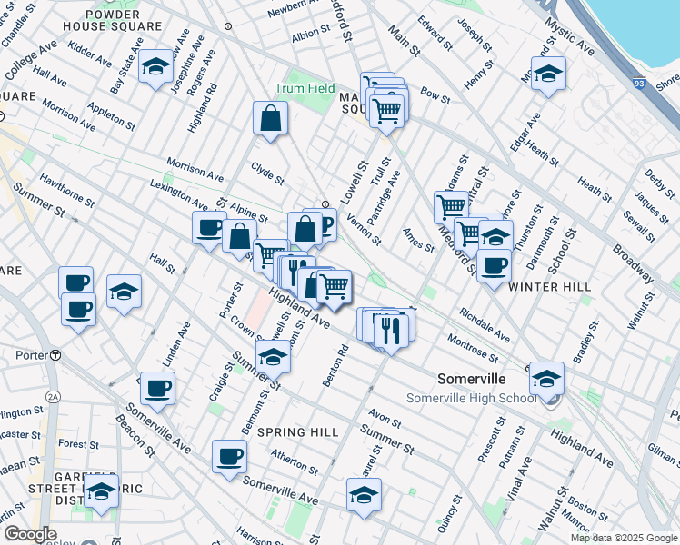 map of restaurants, bars, coffee shops, grocery stores, and more near 28 Woodbine Street in Somerville