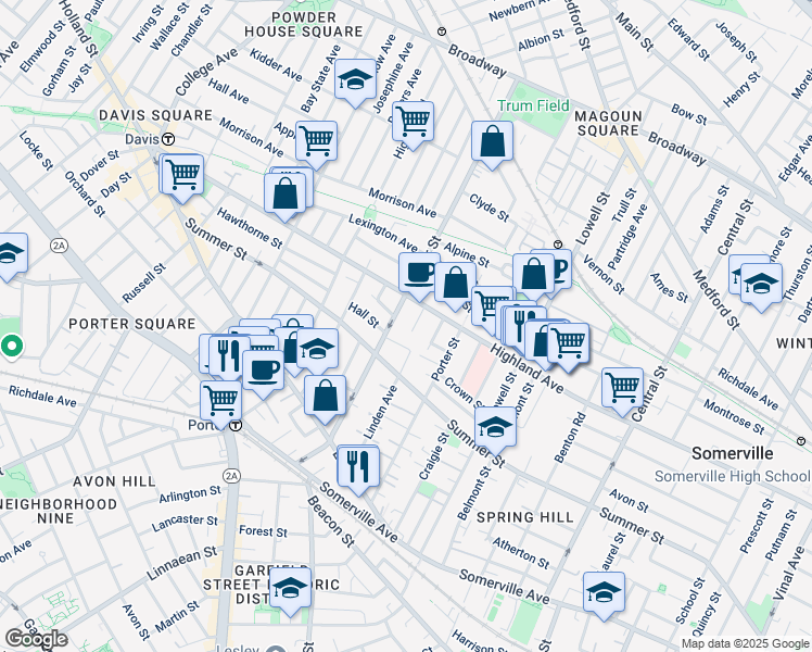 map of restaurants, bars, coffee shops, grocery stores, and more near 9 Eastman Road in Somerville