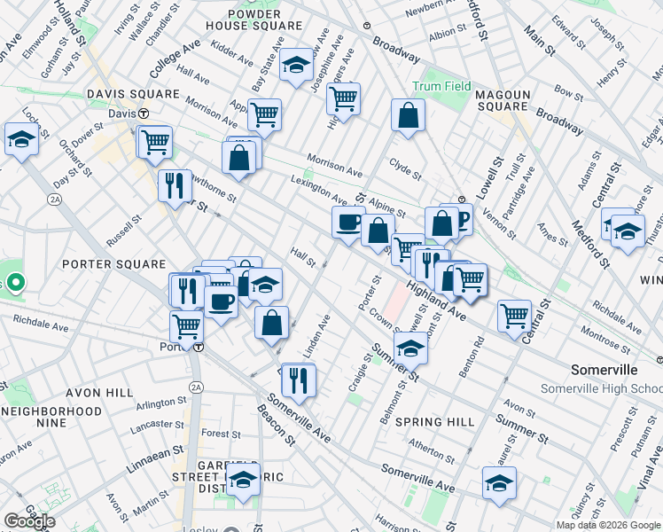 map of restaurants, bars, coffee shops, grocery stores, and more near 9 Eastman Road in Somerville