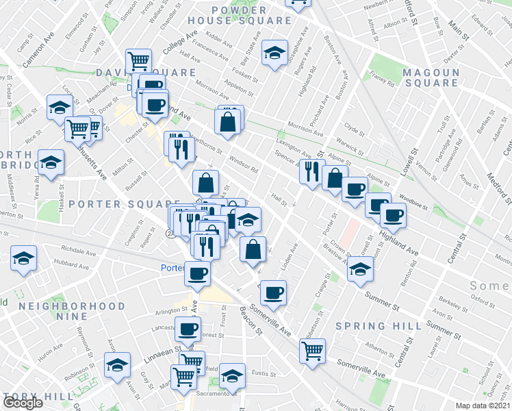 map of restaurants, bars, coffee shops, grocery stores, and more near 283 Summer Street in Somerville