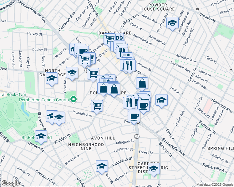 map of restaurants, bars, coffee shops, grocery stores, and more near 2055 Massachusetts Avenue in Cambridge