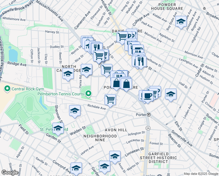 map of restaurants, bars, coffee shops, grocery stores, and more near 35 Pemberton Street in Cambridge