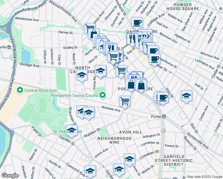 map of restaurants, bars, coffee shops, grocery stores, and more near 34 Fairfield Street in Cambridge