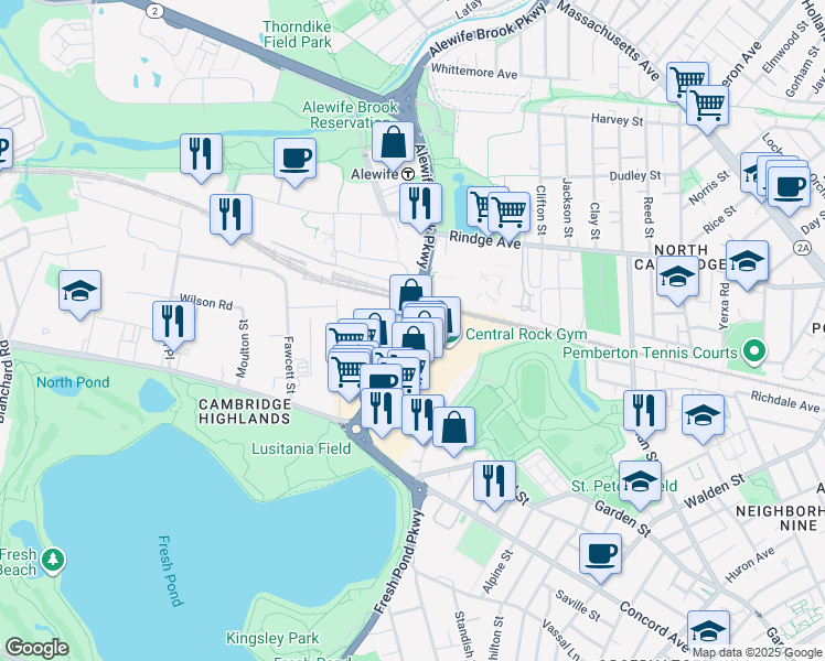 map of restaurants, bars, coffee shops, grocery stores, and more near 185 Alewife Brook Parkway in Cambridge
