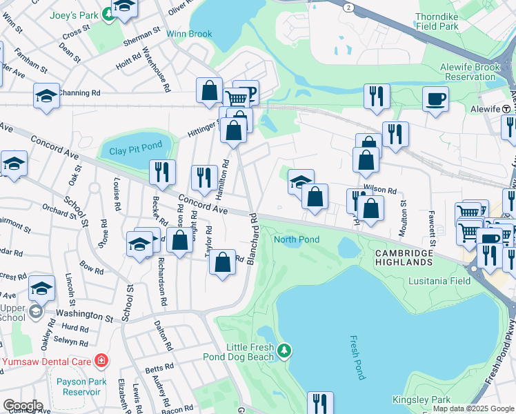 map of restaurants, bars, coffee shops, grocery stores, and more near 17-19 Griswold Street in Cambridge