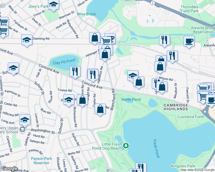 map of restaurants, bars, coffee shops, grocery stores, and more near 25 Concord Avenue in Belmont