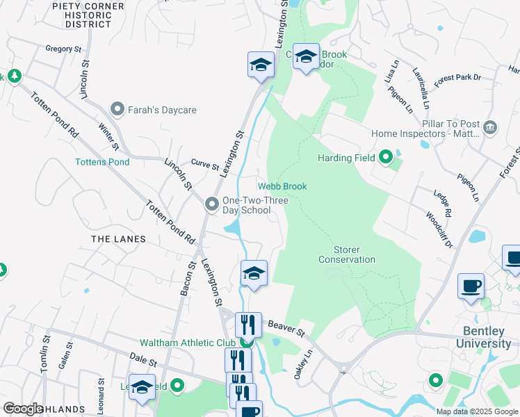 map of restaurants, bars, coffee shops, grocery stores, and more near Western Greenway in Waltham