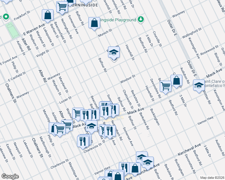 map of restaurants, bars, coffee shops, grocery stores, and more near 3700 Balfour Road in Detroit