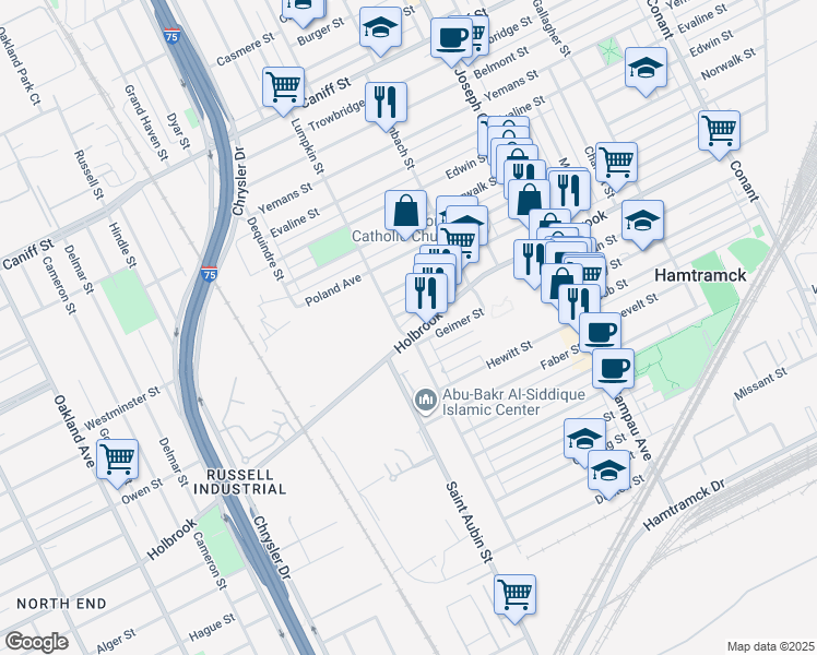 map of restaurants, bars, coffee shops, grocery stores, and more near 2222 Bernard Street in Hamtramck