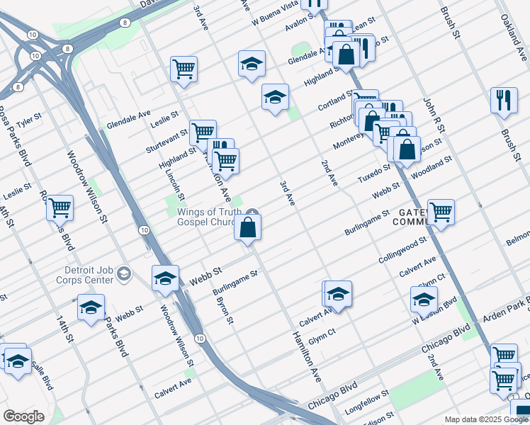 map of restaurants, bars, coffee shops, grocery stores, and more near 219 Elmhurst Street in Highland Park