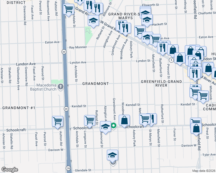 map of restaurants, bars, coffee shops, grocery stores, and more near 14255 Grandmont Avenue in Detroit