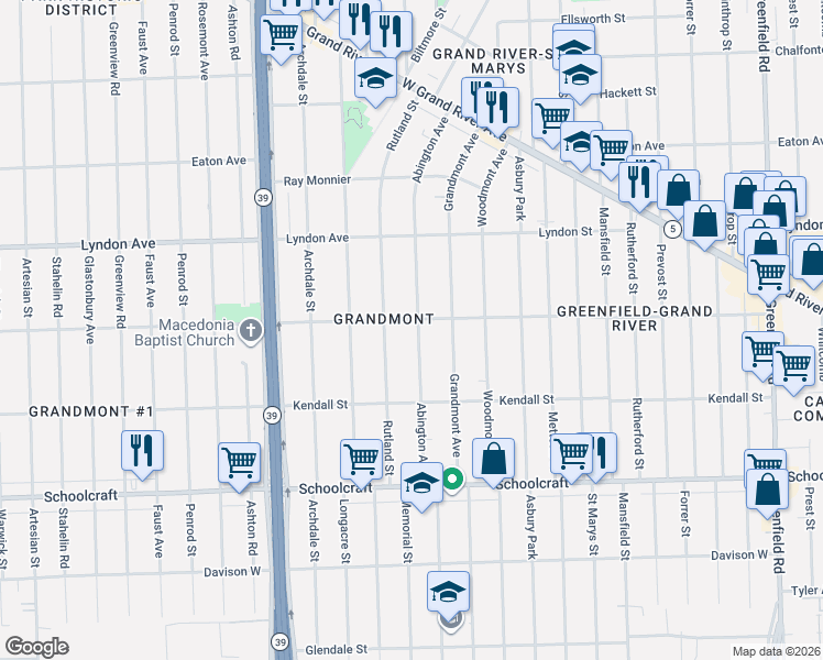 map of restaurants, bars, coffee shops, grocery stores, and more near 14257 Abington Avenue in Detroit