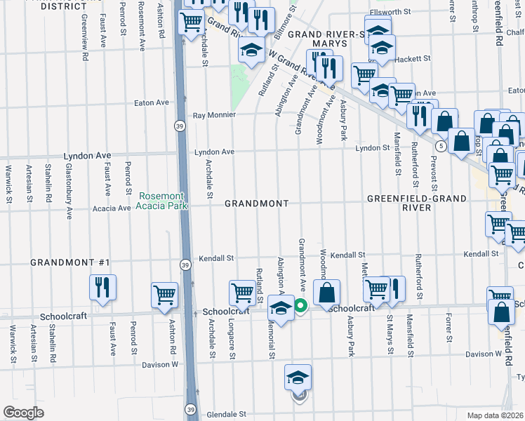 map of restaurants, bars, coffee shops, grocery stores, and more near 14257 Abington Avenue in Detroit