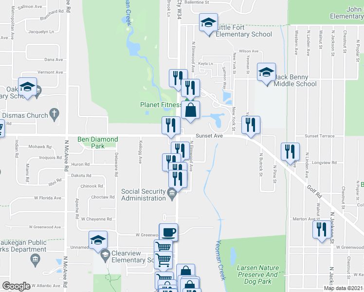 map of restaurants, bars, coffee shops, grocery stores, and more near 2133 North Lewis Avenue in Waukegan