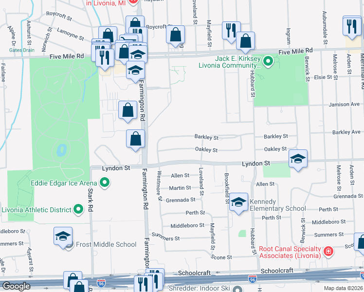 map of restaurants, bars, coffee shops, grocery stores, and more near 33024 Oakley Street in Livonia