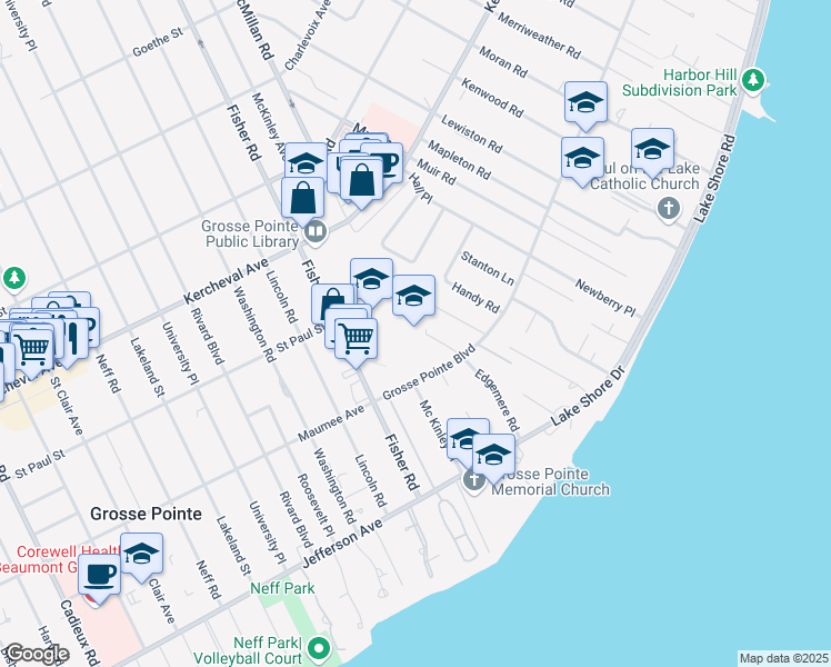 map of restaurants, bars, coffee shops, grocery stores, and more near 11 Grosse Pointe Boulevard in Grosse Pointe Farms