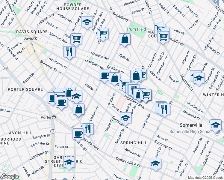 map of restaurants, bars, coffee shops, grocery stores, and more near 257 Highland Avenue in Somerville