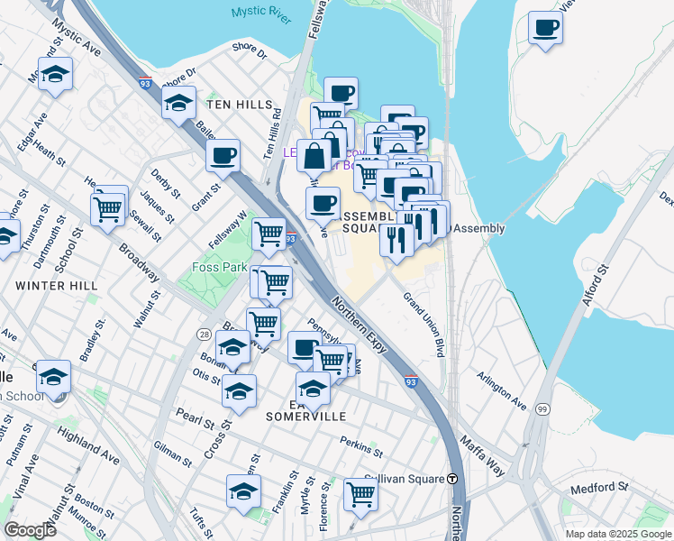 map of restaurants, bars, coffee shops, grocery stores, and more near 5 Middlesex Avenue in Somerville