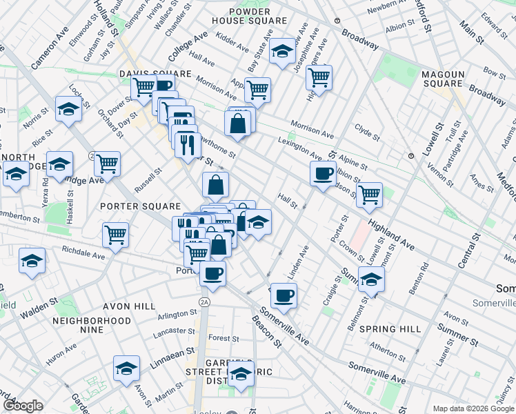 map of restaurants, bars, coffee shops, grocery stores, and more near 41 Burnside Avenue in Somerville